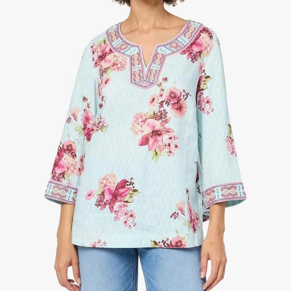 John Mark Embroidered Linen Blend Floral Blouse Size L